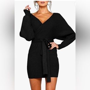 Black knit faux wrap sweater dress. Mini. Size small. New. Never worn.